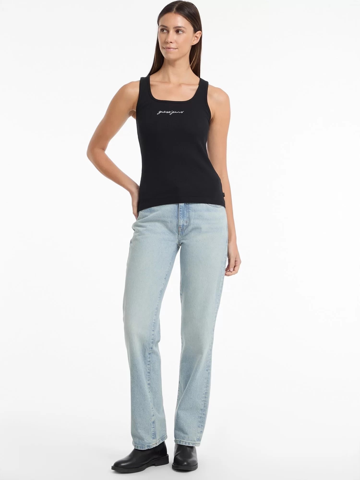 Guess Jeans GJ TANK TOP SLIM RIB EMBRO Kadın Siyah T-shirt W5RP48KA0H1-JBLK