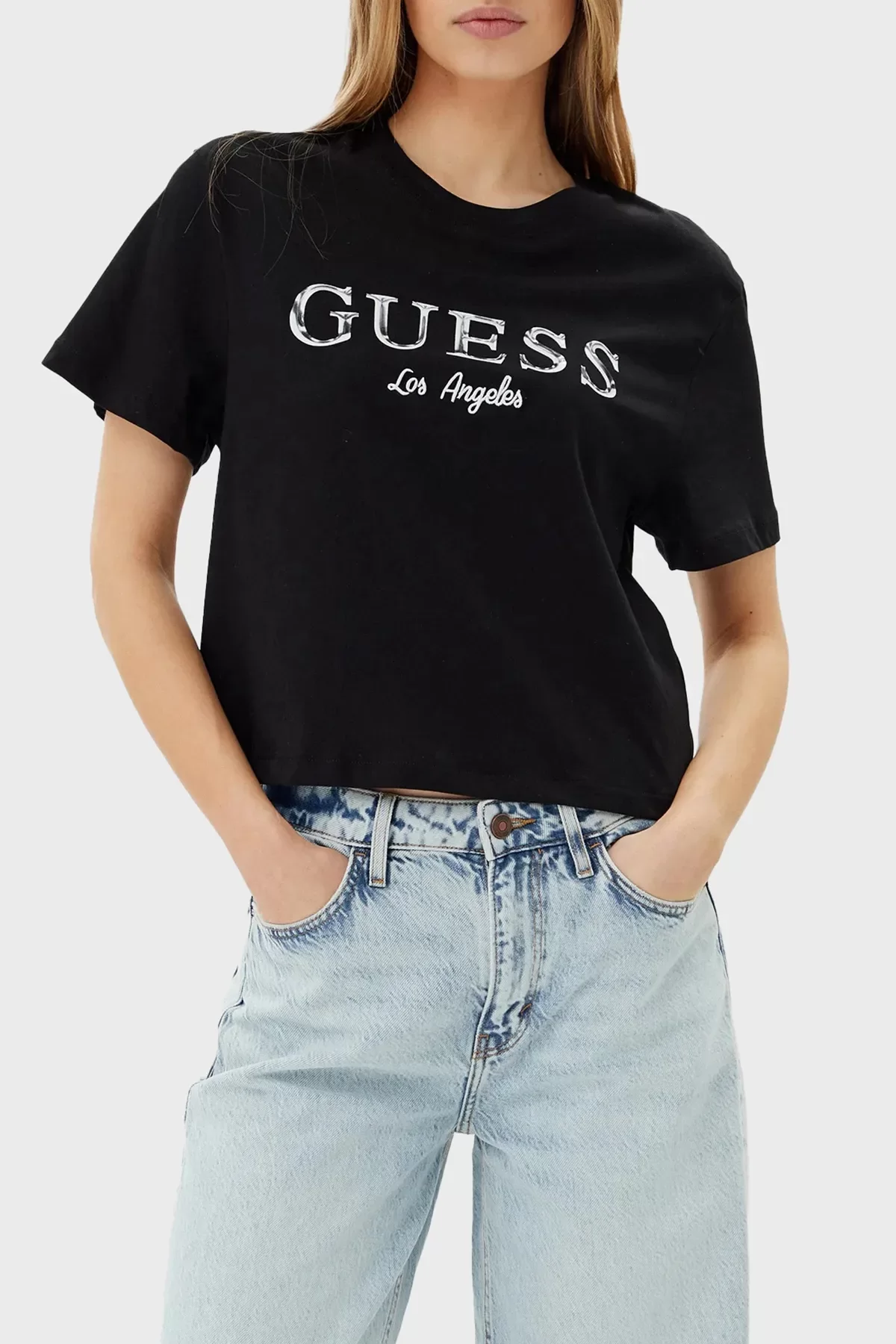 Guess CLEMATIS CROP KIMONO SS TEE Kadın Siyah T-shirt V5GI09K9RM1-JBLK