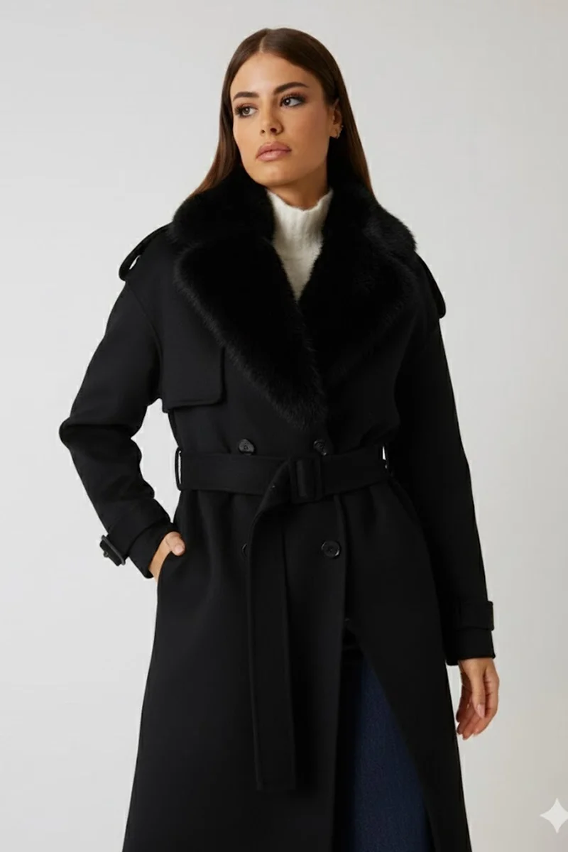 Guess Ella Kadın Siyah Yün Karışımlı Kaban 5BGL027125A-JBLK