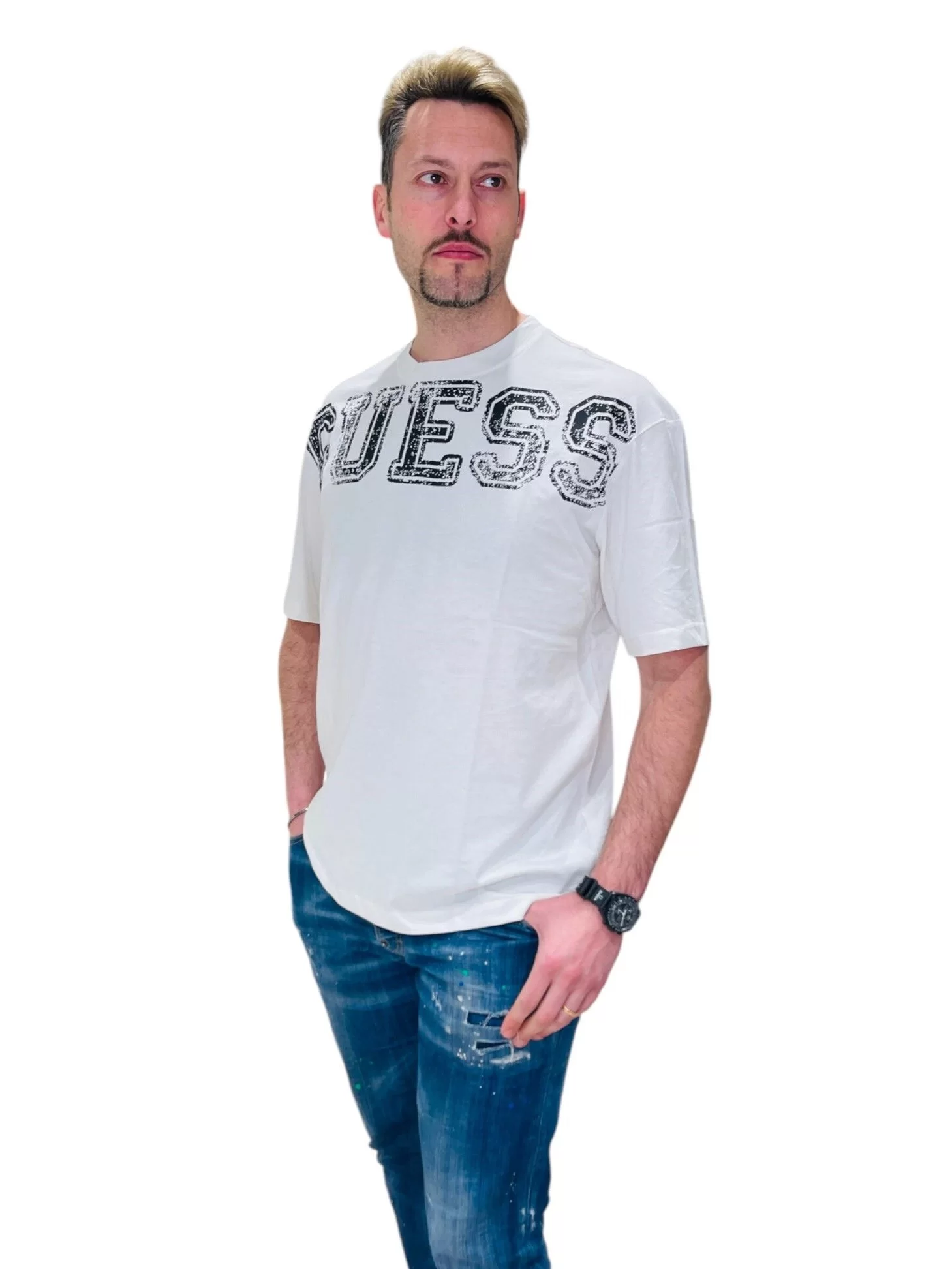Guess BUGLER CN T-SHIRT Erkek Beyaz T-shirt Z5GI15I3Z14-G018