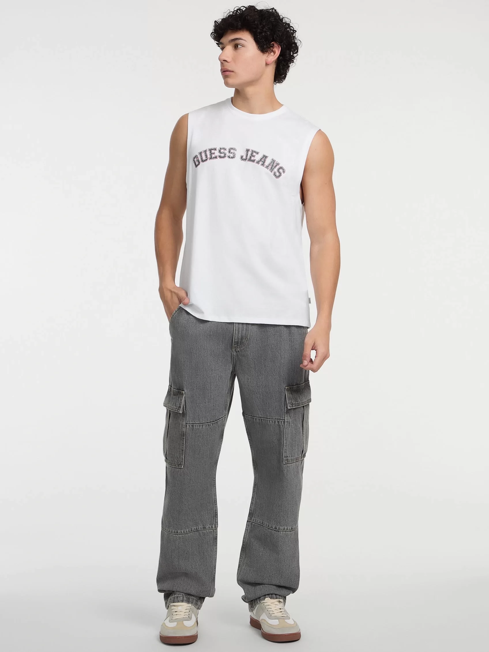 Guess Jeans GJ MUSCLE COLLEGIATE TANK Erkek Beyaz T-shirt M5GP31K8HM0-G011