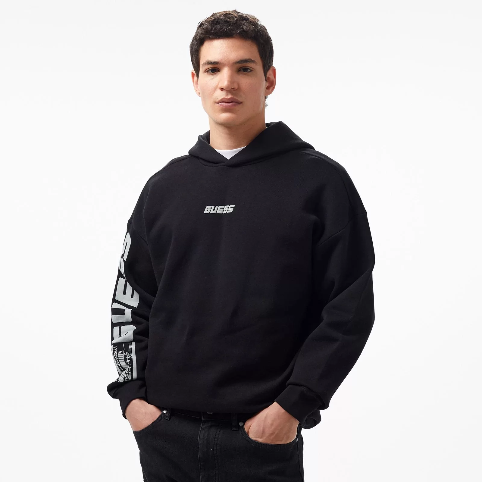 Guess Dalım Over Hooded Sweatshırt Erkek Siyah Sweatshirt Z4BQ03K9V31-JBLK