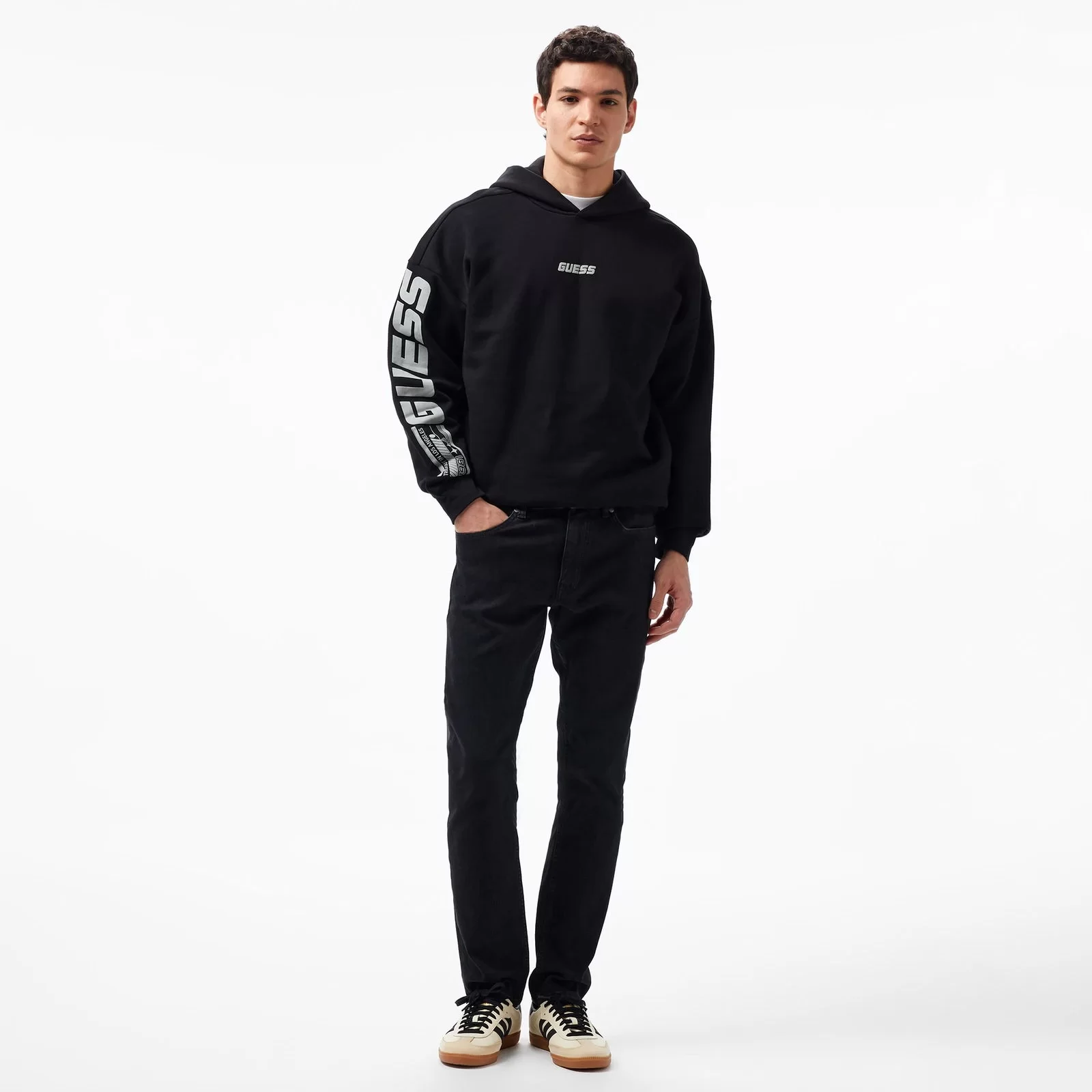 Guess Dalım Over Hooded Sweatshırt Erkek Siyah Sweatshirt Z4BQ03K9V31-JBLK