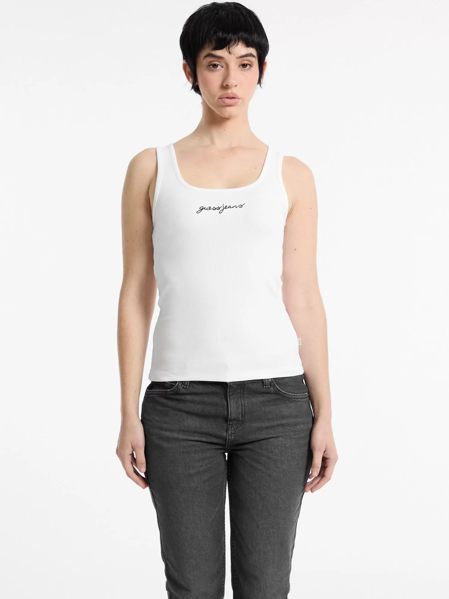 Guess jeans Gj Tank Top Slım Rıb Embro Kadın Beyaz T-Shirt W5RP48KA0H1-G011