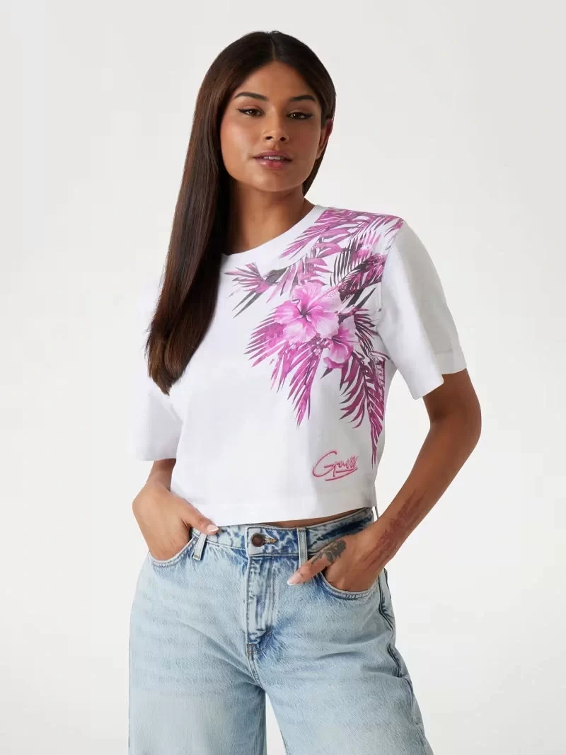 Guess CN SS LOGO PALM PRINT TEE Kadın Pembe T-shirt W5GI19K6XN4-F6FJ