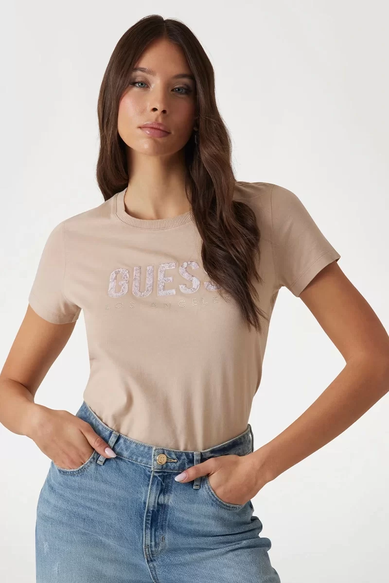 Guess Ss Cn Python Logo Tee Kadın Bej T-Shirt W5RI19I3Z14-A90F