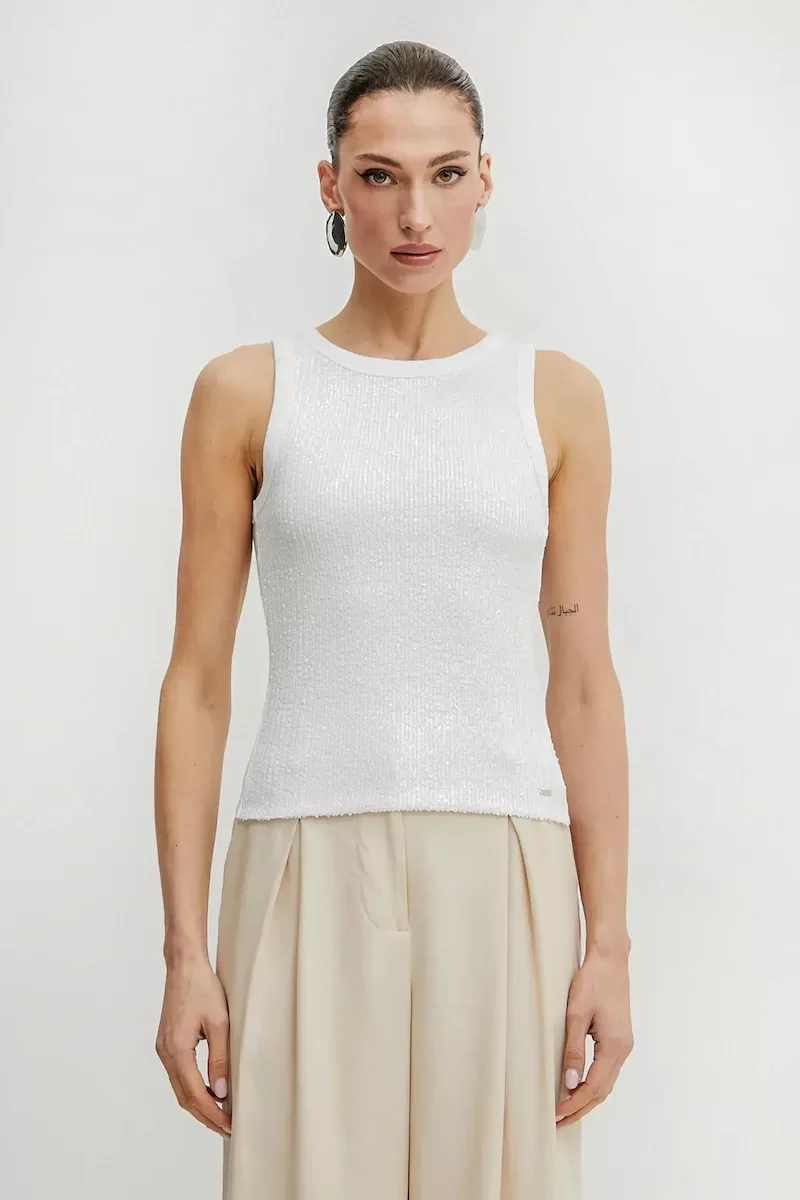 Guess ALEXIA SEQUINS TANK TOP Kadın Beyaz Atlet W5GP06KCS10-G011