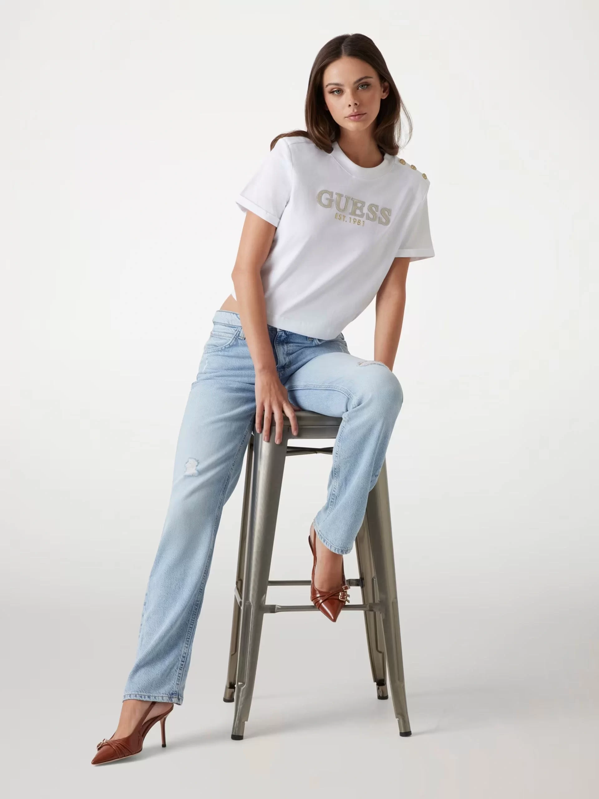 Guess CN SS CROPPED WASHED LOGO TEE Kadın Beyaz T-shirt W5GI15K8FQ4-G011