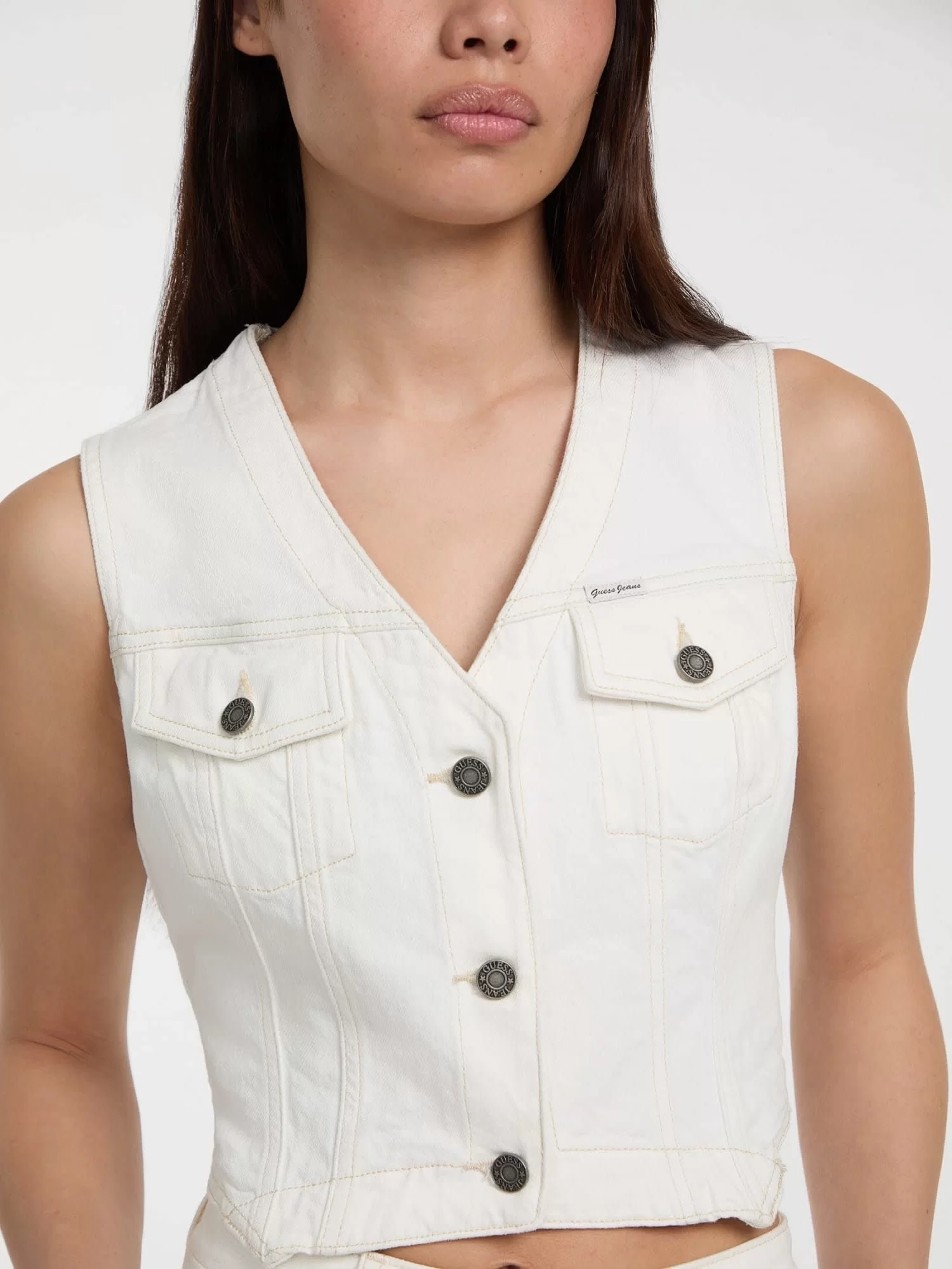 Guess jeans Gj Denım Vest Kadın Beyaz Yelek W5GN74D5M62-GJWI
