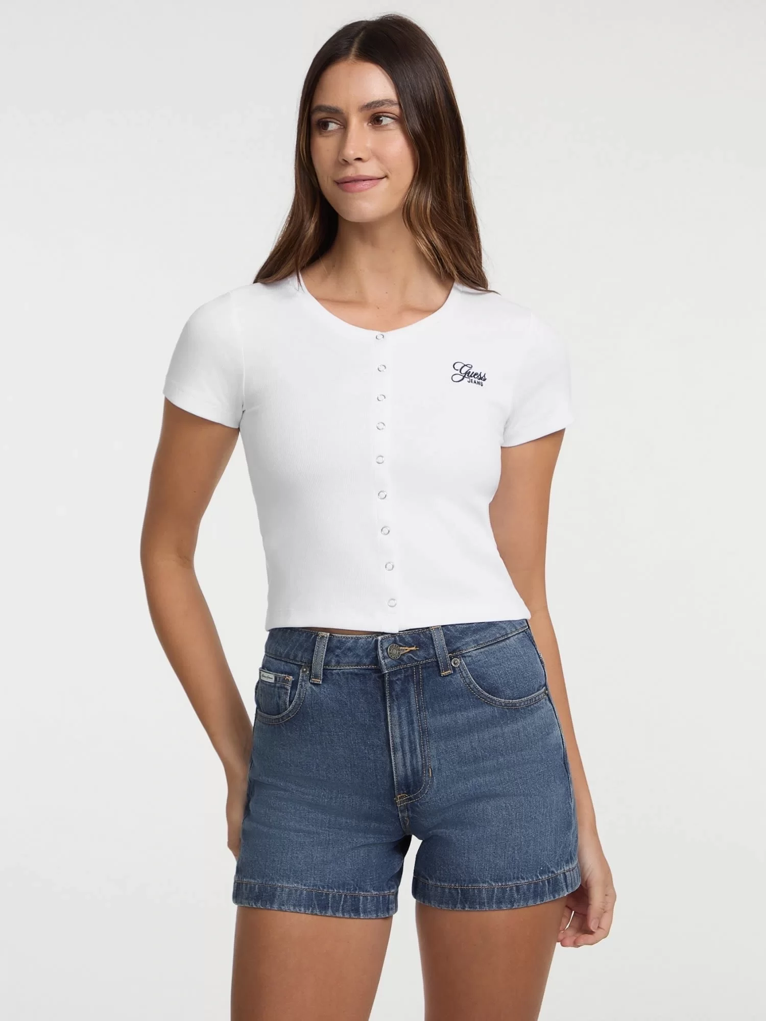 Guess Jeans GJ SL CN SNAP EMBRO SLIM TOP Kadın Beyaz T-shirt W5GP27KA0H1-G011