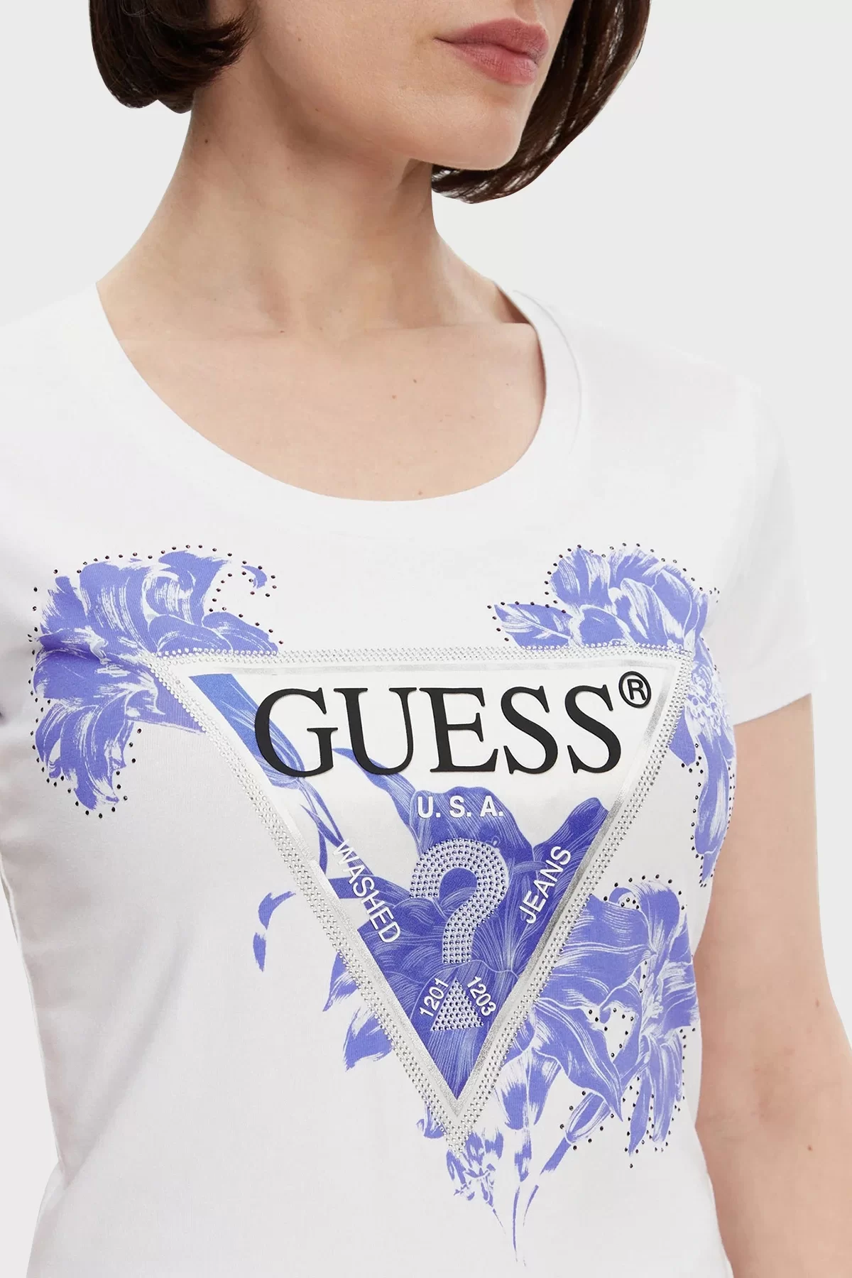 Guess SS CN FLOWER TRIANGLE TEE Kadın Beyaz T-shirt W5GI08J1314-G011