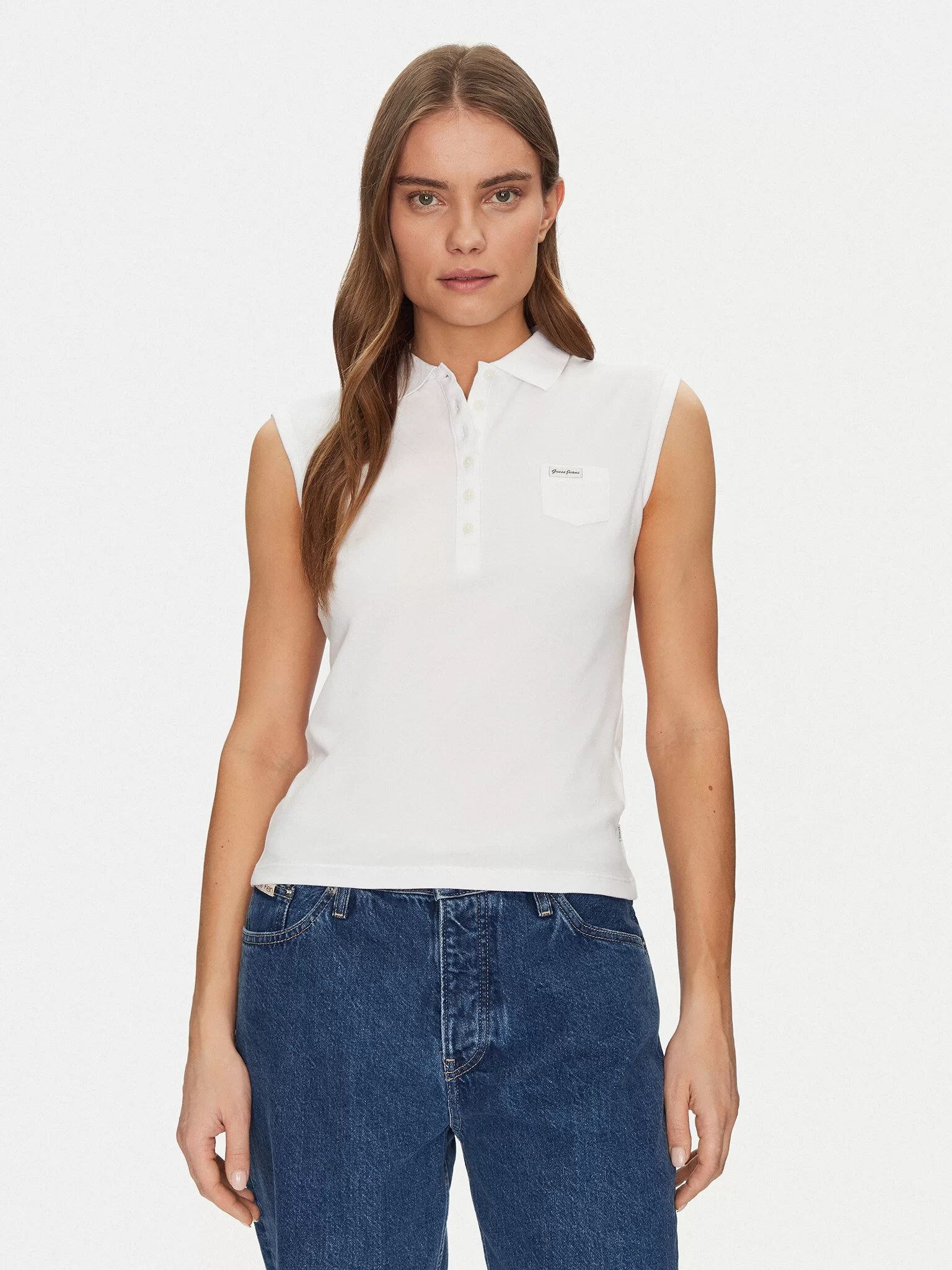 Guess jeans Gj Sleeveless Collar Slım Pkt Kadın Beyaz T-Shirt W5GP24KCYR1-G011