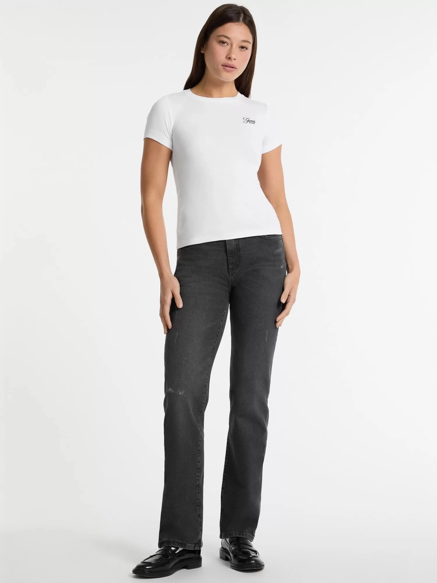 Guess Jeans GJ SS CN EMBRO SLIM TOP Kadın Beyaz T-shirt W5GP62KA0H1-G011