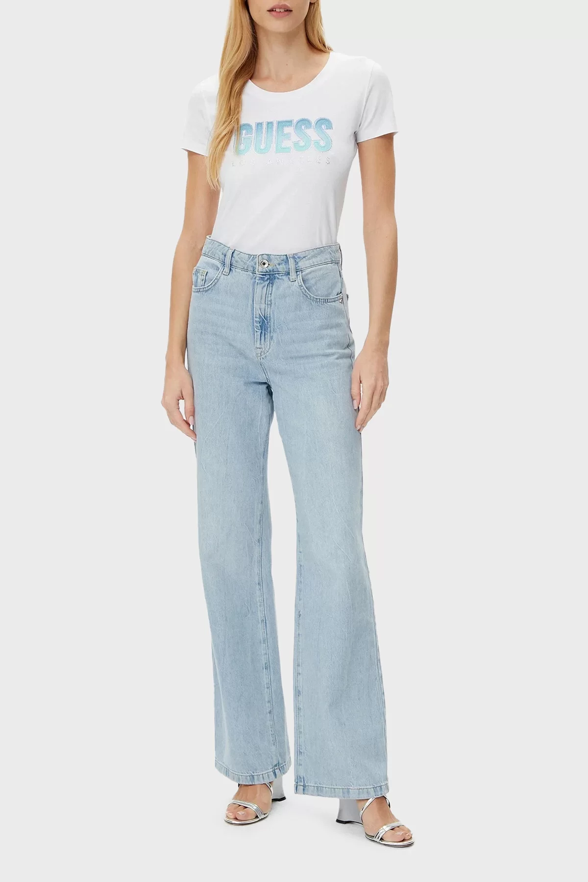 Guess CN SS GLITTER DEGRADE LOGO TEE Kadın Beyaz T-shirt W5GI14J1314-G011