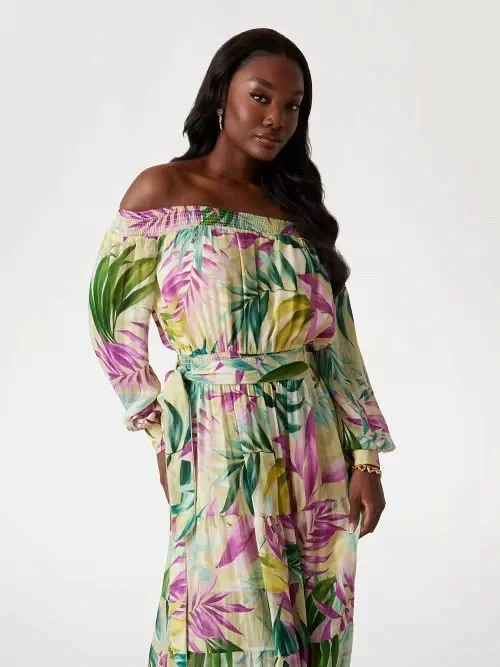 Guess JOSEE OFF SHOULDER LONG DRESS Kadın Çok Renkli Elbise W5GK16WH9Z2-P8FY