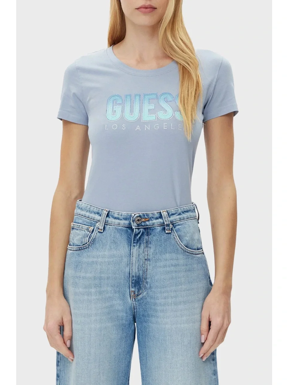 Guess CN SS GLITTER DEGRADE LOGO TEE Kadın Mavi T-shirt W5GI14J1314-A70Q