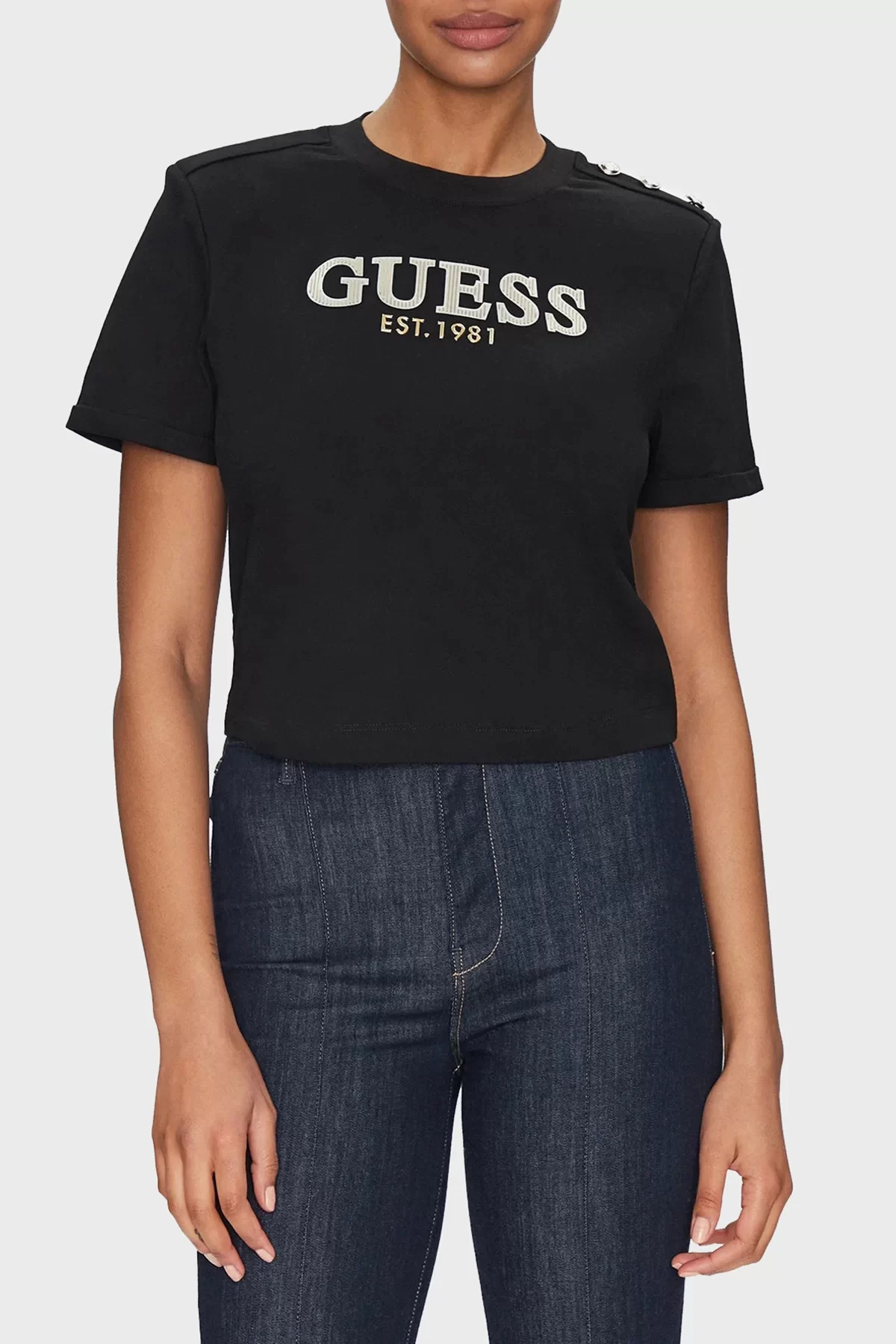 Guess CN SS CROPPED WASHED LOGO TEE Kadın Siyah T-shirt W5GI15K8FQ4-JBLK
