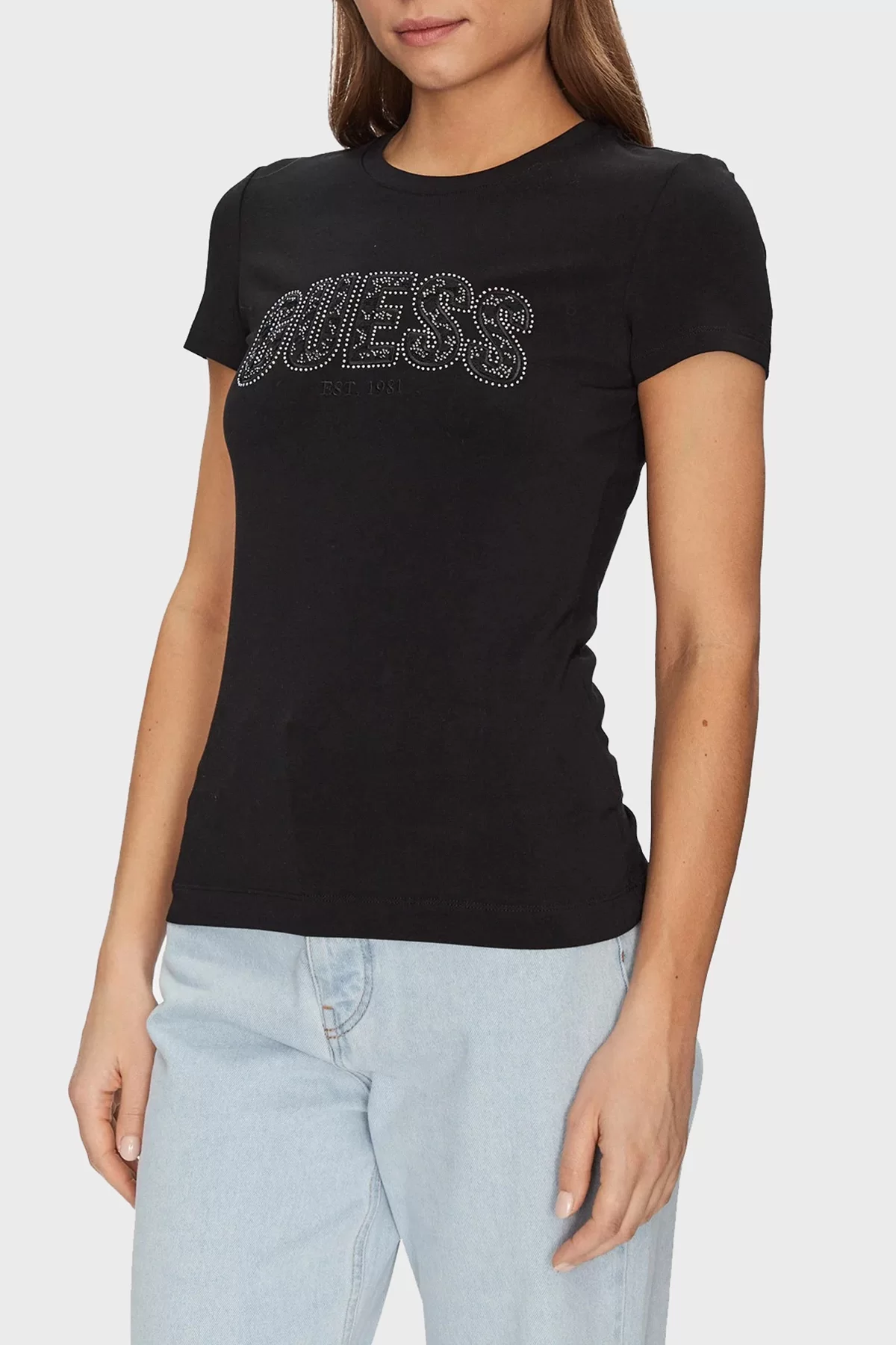 Guess CN SS LOGO LACE TEE Kadın Siyah T-shirt W5GI04J1314-JBLK