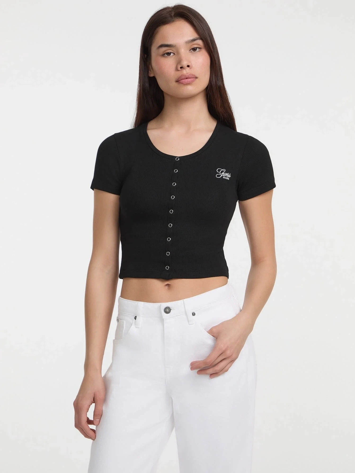 Guess Jeans GJ SL CN SNAP EMBRO SLIM TOP Kadın Siyah T-shirt W5GP27KA0H1-JBLK