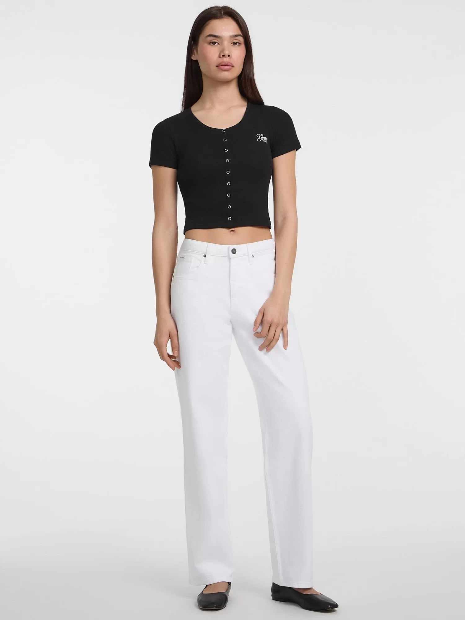Guess Jeans GJ SL CN SNAP EMBRO SLIM TOP Kadın Siyah T-shirt W5GP27KA0H1-JBLK