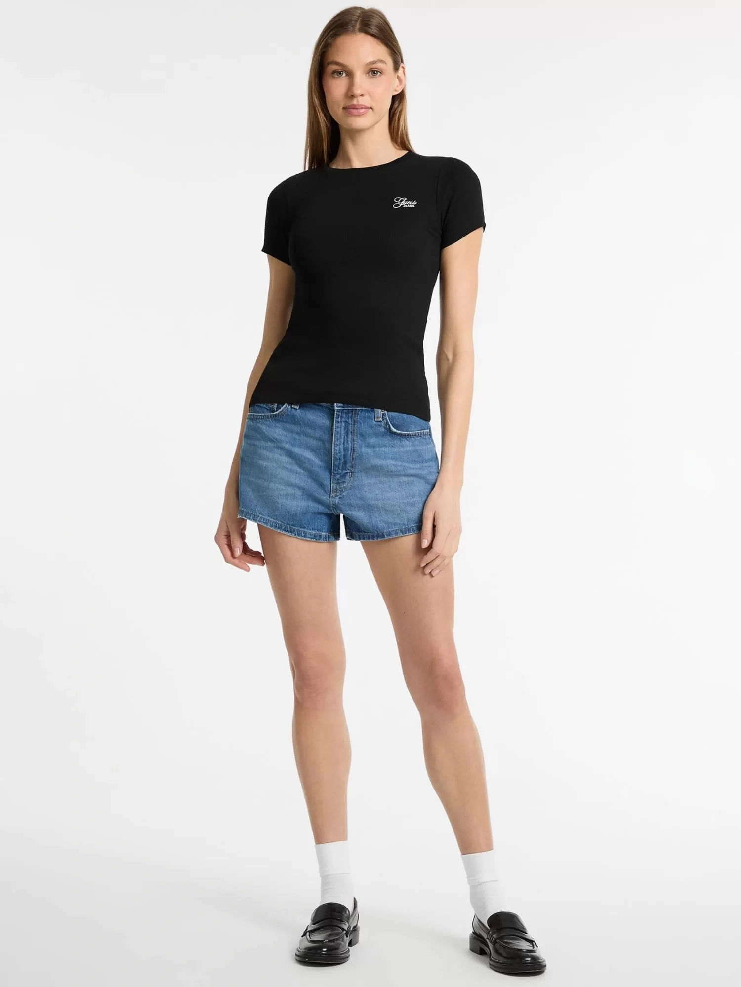 Guess Jeans GJ SS CN EMBRO SLIM TOP Kadın Siyah T-shirt W5GP62KA0H1-JBLK