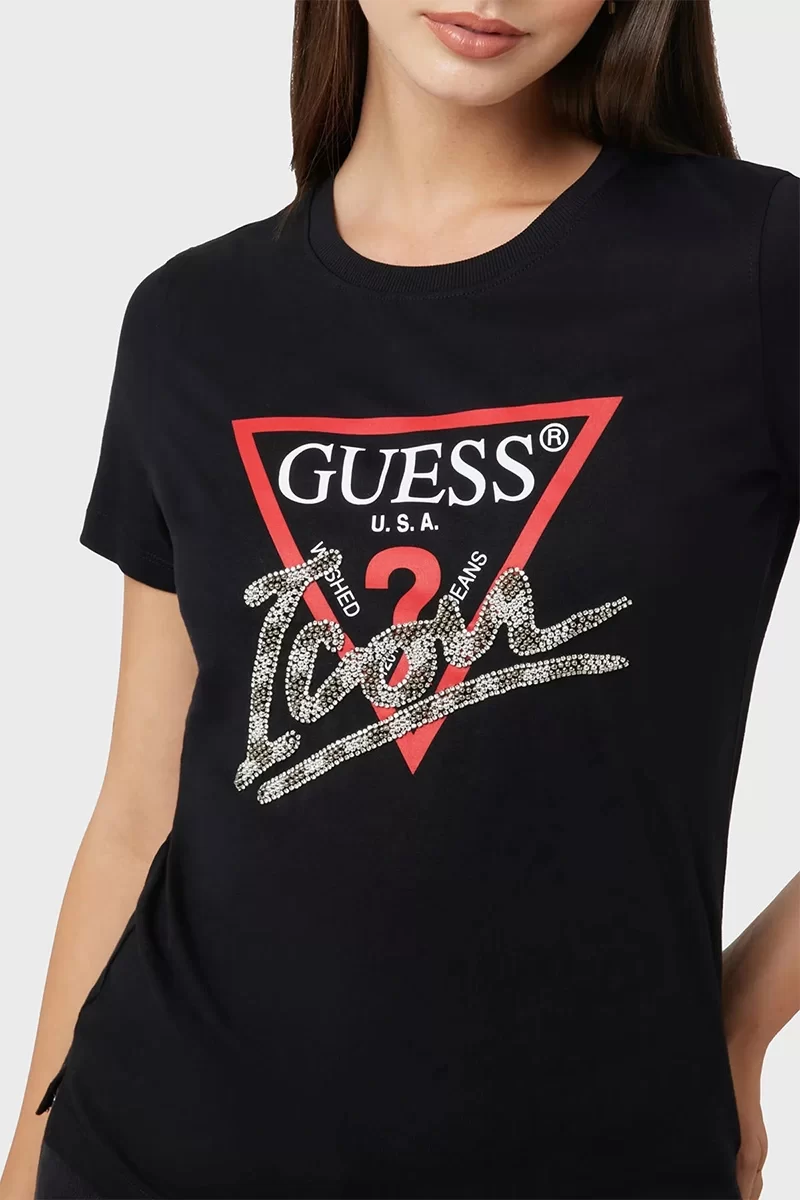 Guess SS CN TRIANGLE LOVE TEE Kadın Siyah T-shirt W5RI10I3Z14-JBLK