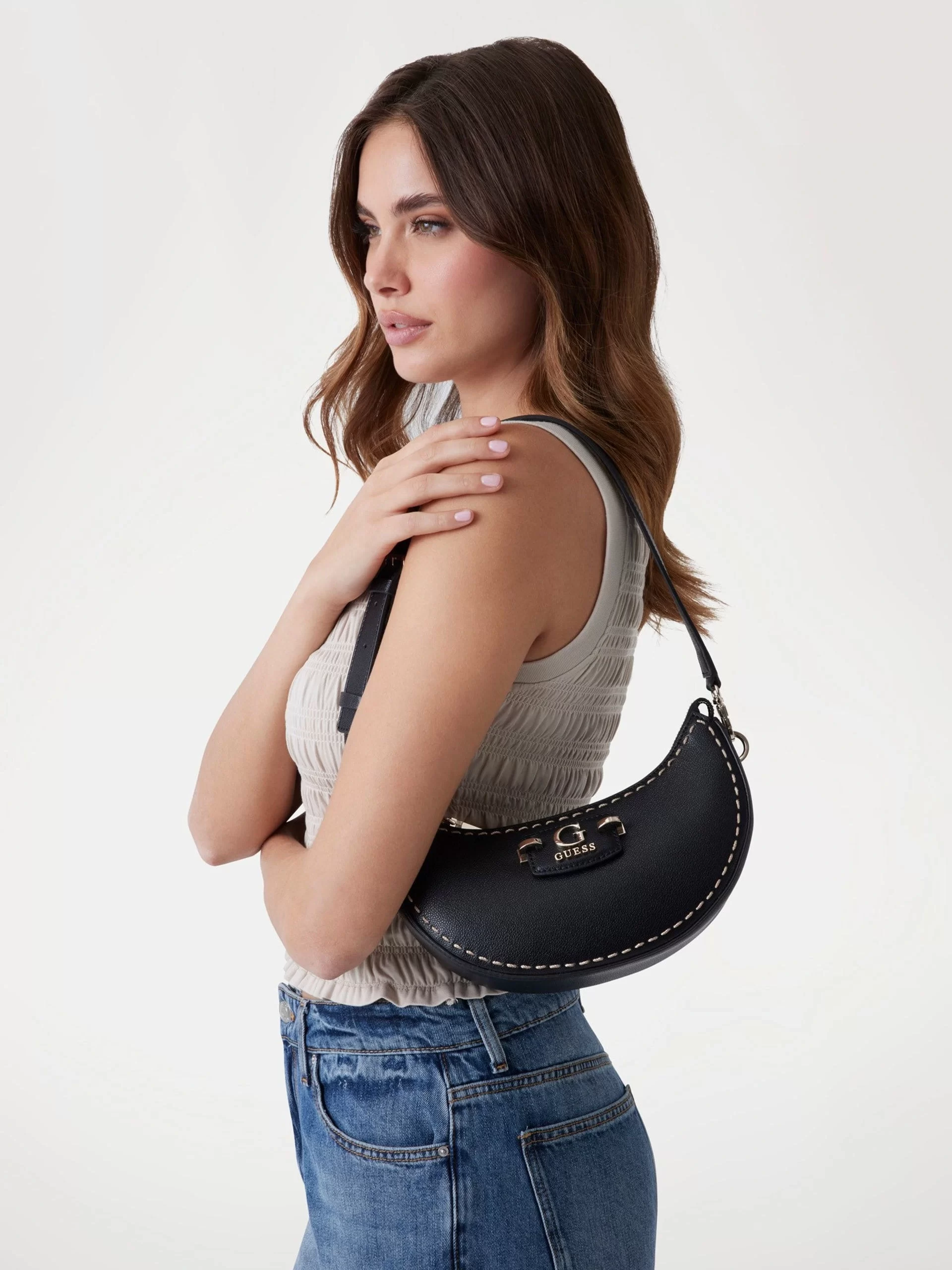 Guess NASTRA TOP ZIP SHOULDER BAG Kadın Siyah Omuz Çantası HWBG9637170-BLA