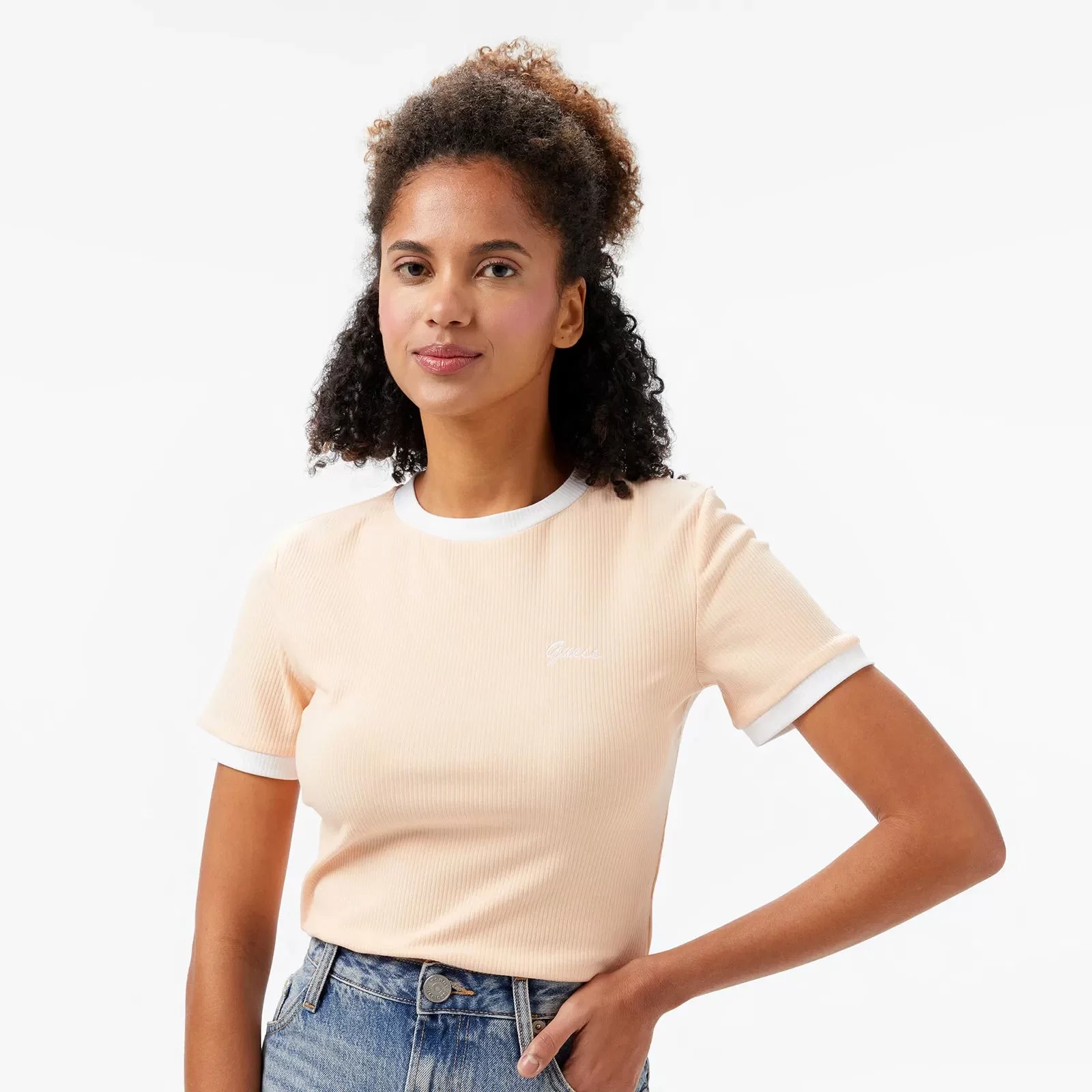 Guess MARIGOLD RIB SS TEE Kadın Pembe T-shirt V5GP08KCRN2-G6J4