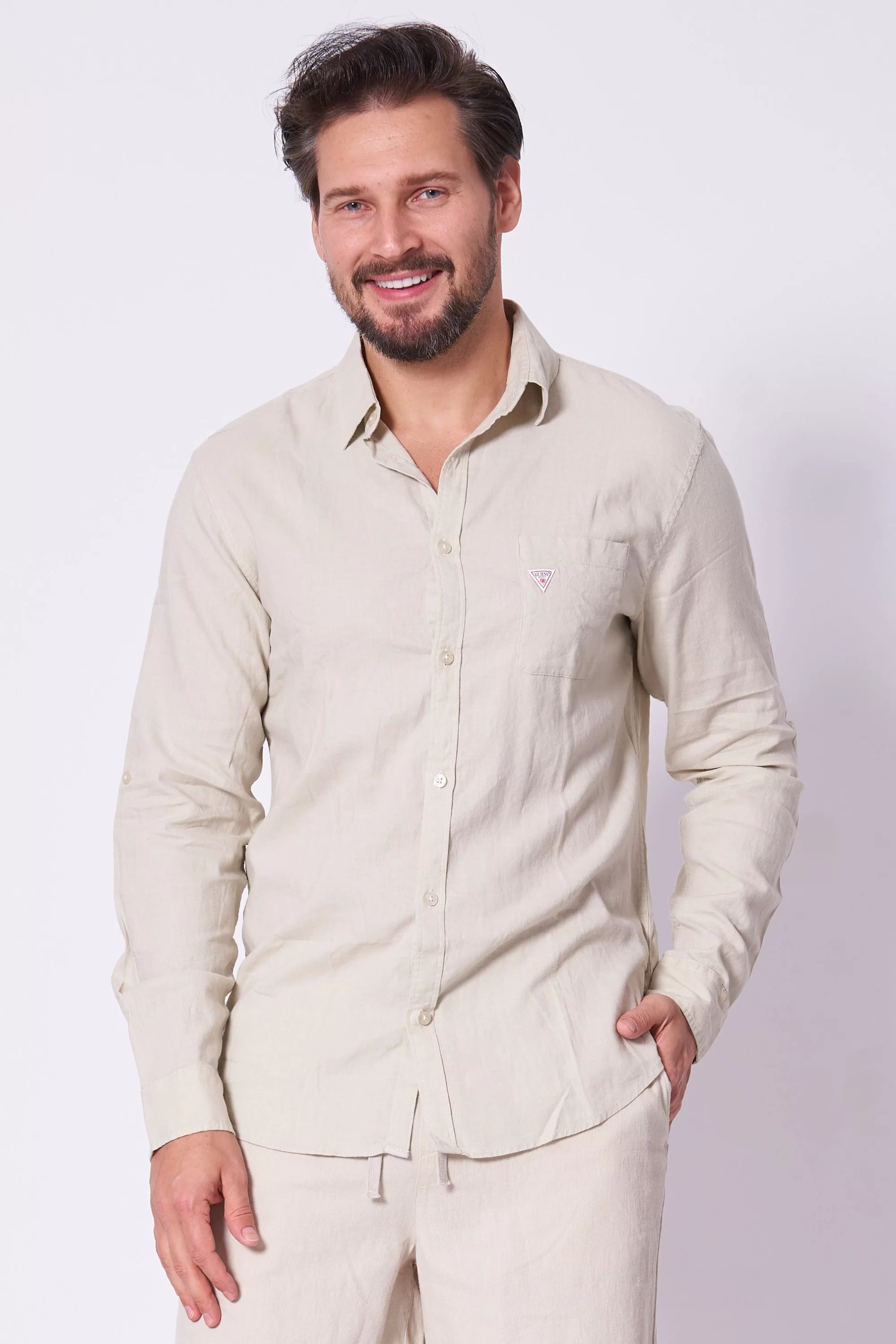 Guess LS ROLL-UP SHIRT Erkek Bej Gömlek F4GH00WG3L0-G993