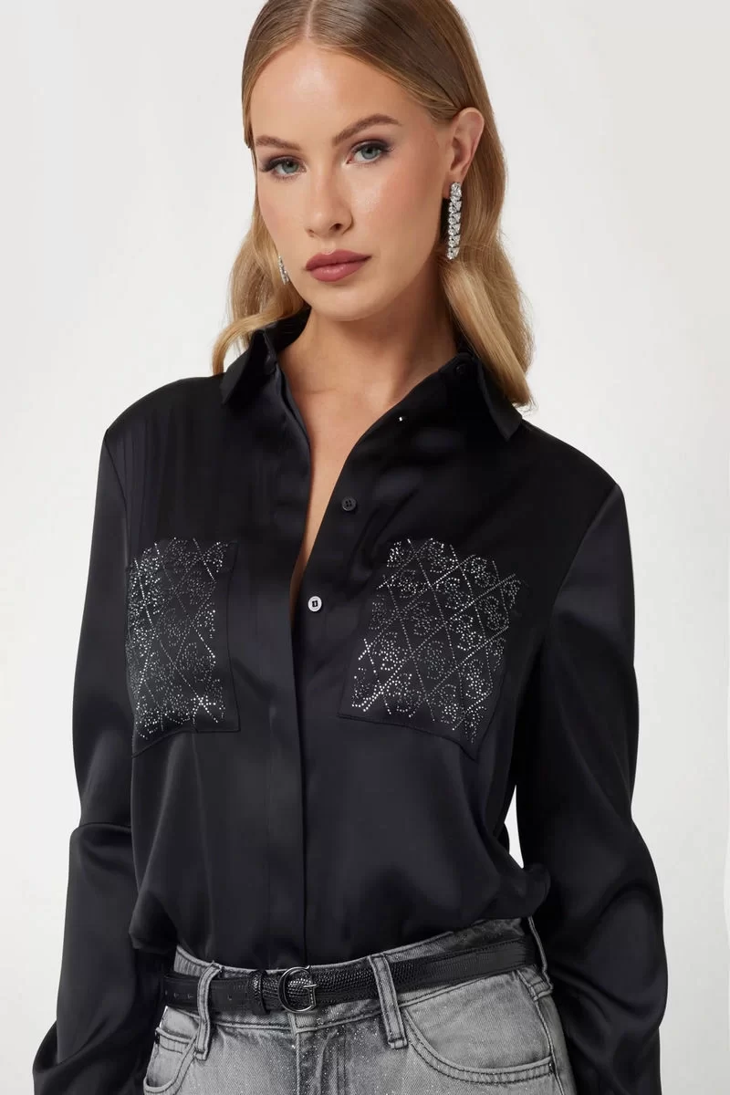 Guess MARGUERITE HOTFIX POKETS SHIRT Kadın Siyah Gömlek W5RH40WFQC2-JBLK