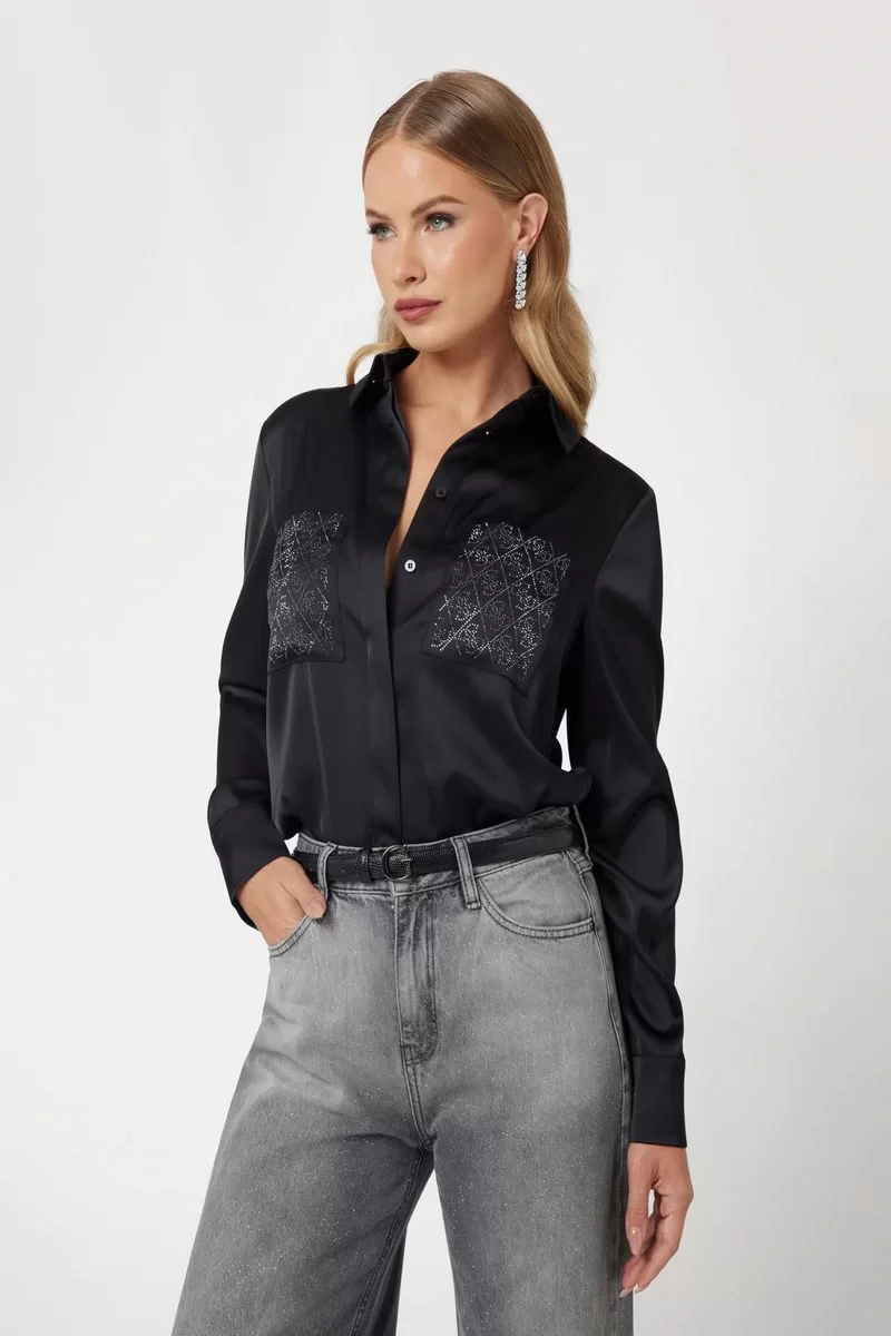 Guess MARGUERITE HOTFIX POKETS SHIRT Kadın Siyah Gömlek W5RH40WFQC2-JBLK