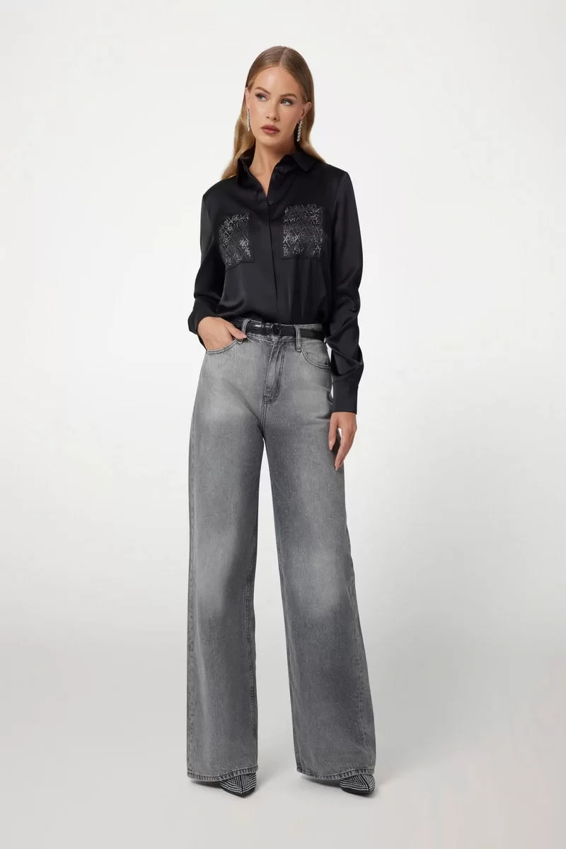 Guess MARGUERITE HOTFIX POKETS SHIRT Kadın Siyah Gömlek W5RH40WFQC2-JBLK