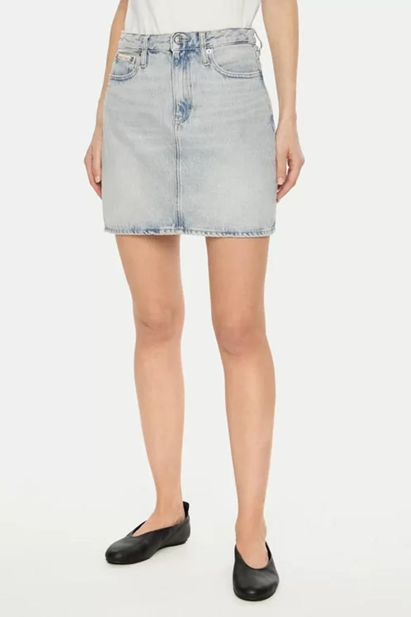 Calvin Klein Kadın Eskitilmiş Regular Fit Mavi Mini Kot Etek