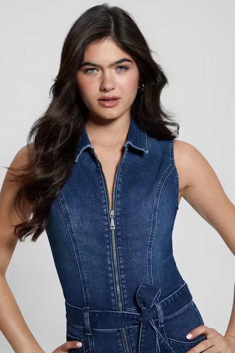 Guess Kadın Kimora Fermuarlı Mavi Denim Tulum