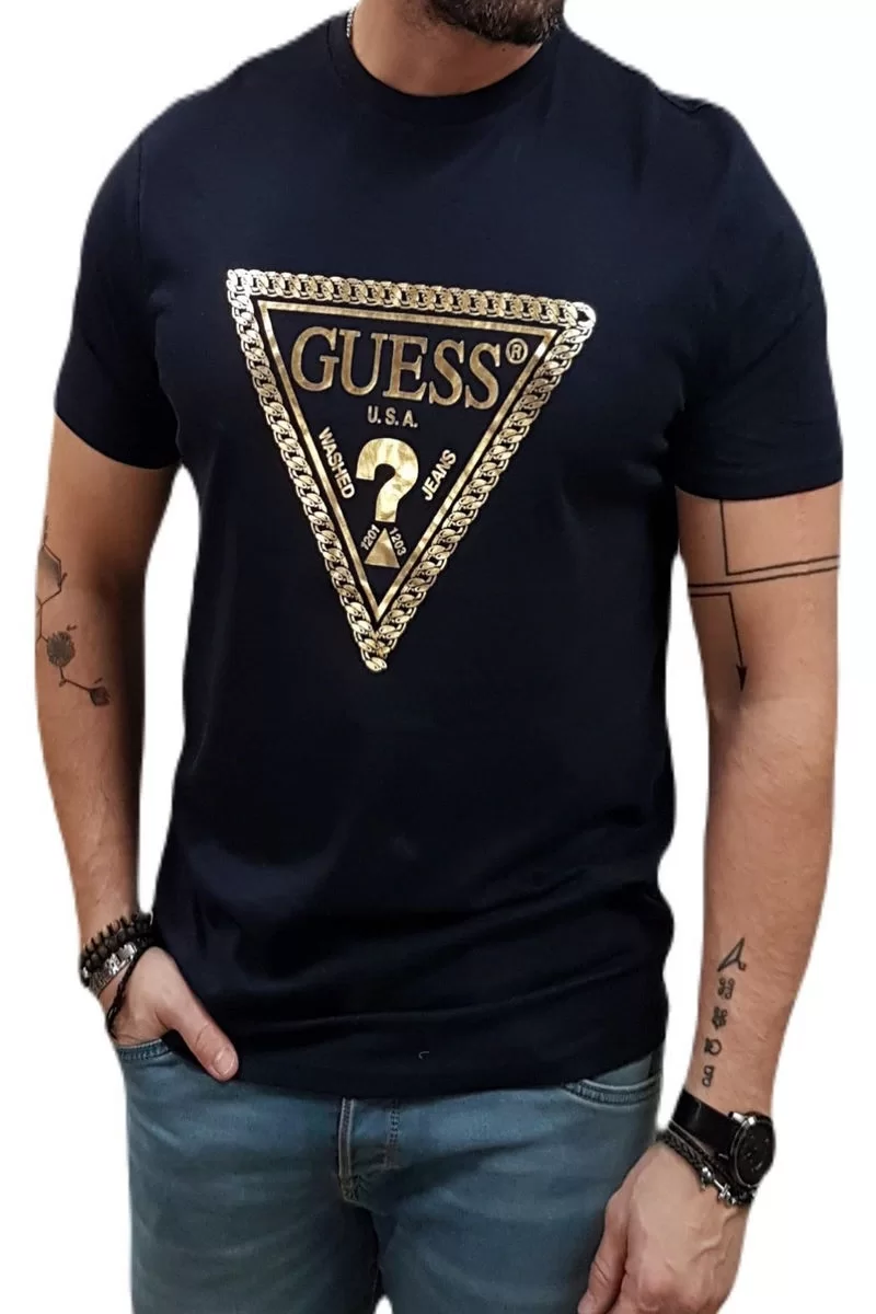 Guess SS BSC CHAIN TRI LOGO TEE Erkek Lacivert T-shirt M5RI49K9RM1-G7V2
