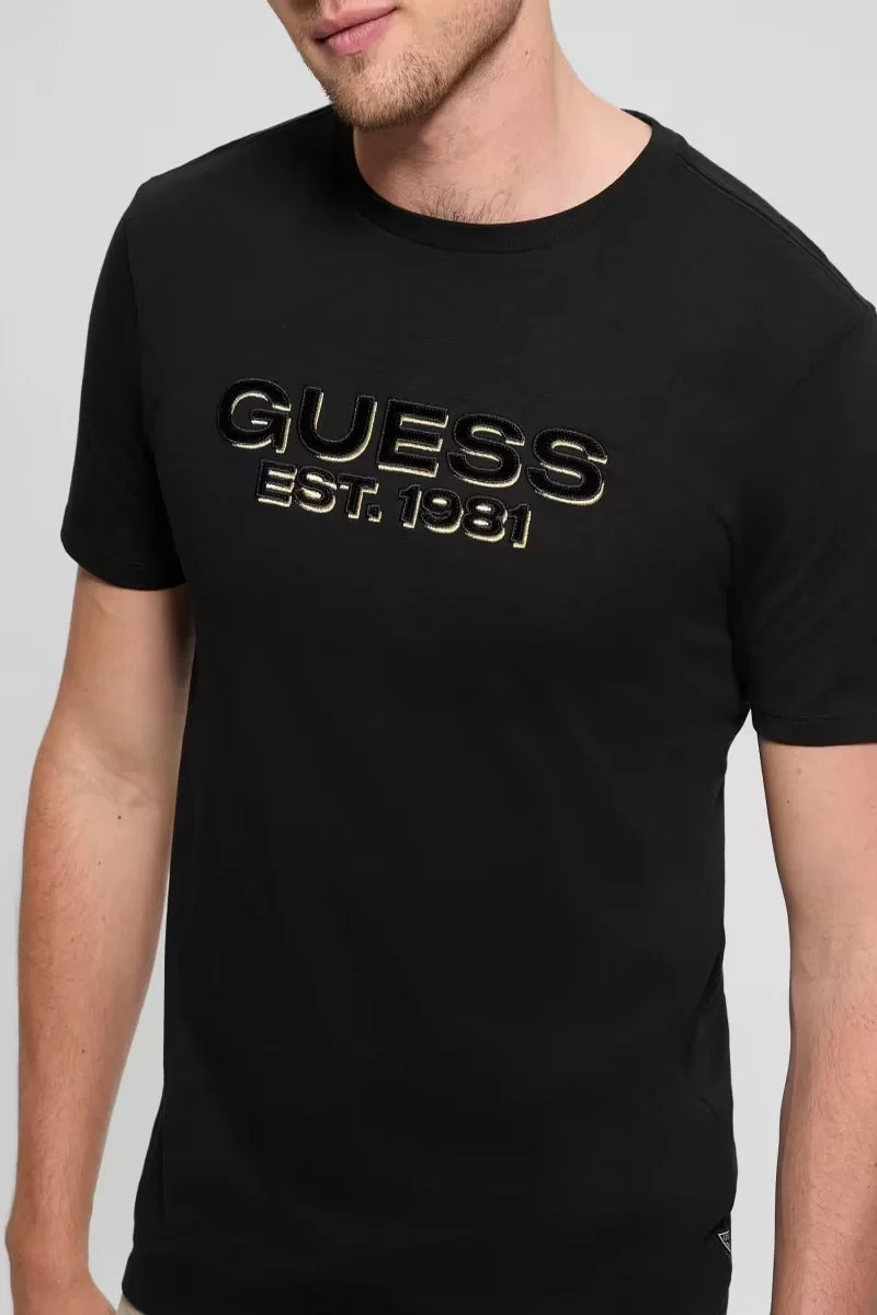Guess SS BSC VELVET LOGO TEE Erkek Siyah T-shirt M5RI50K9RM1-JBLK