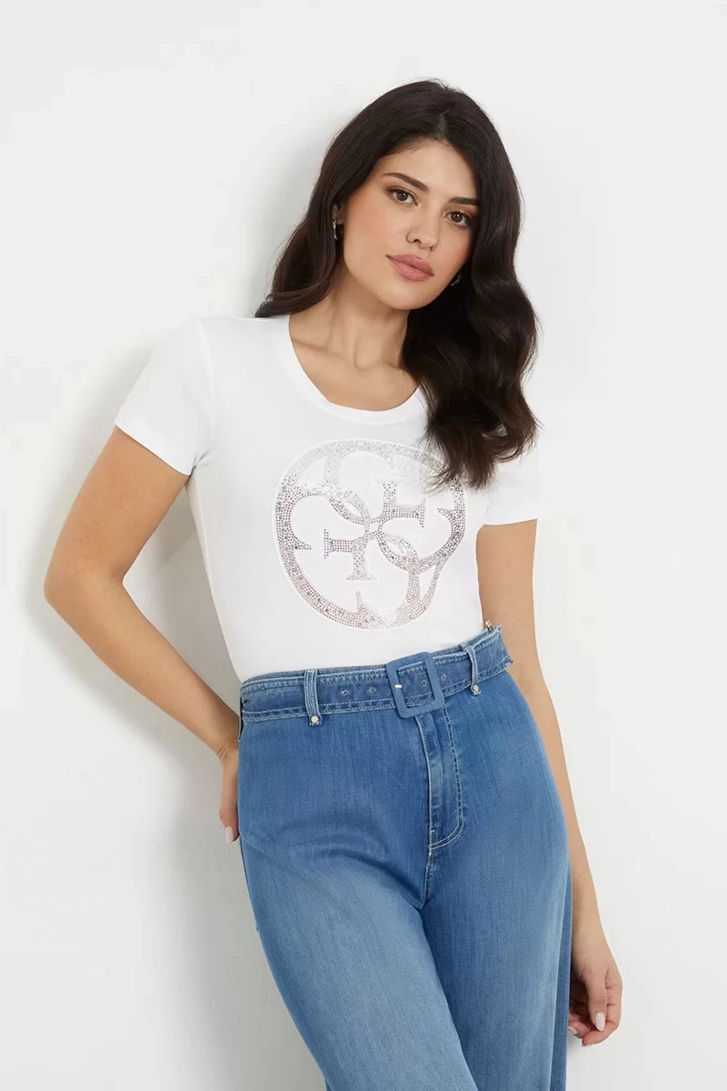 Guess SS CN 4G LOGO TEE Kadın Beyaz T-shirt W4GI29J1314-G011
