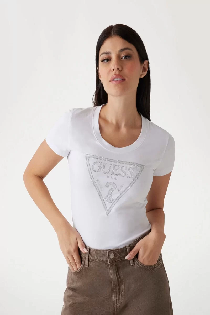 Guess Ss Cn Shıny Trıangle Tee Kadın Beyaz T-Shirt W5RI11J1314-G011
