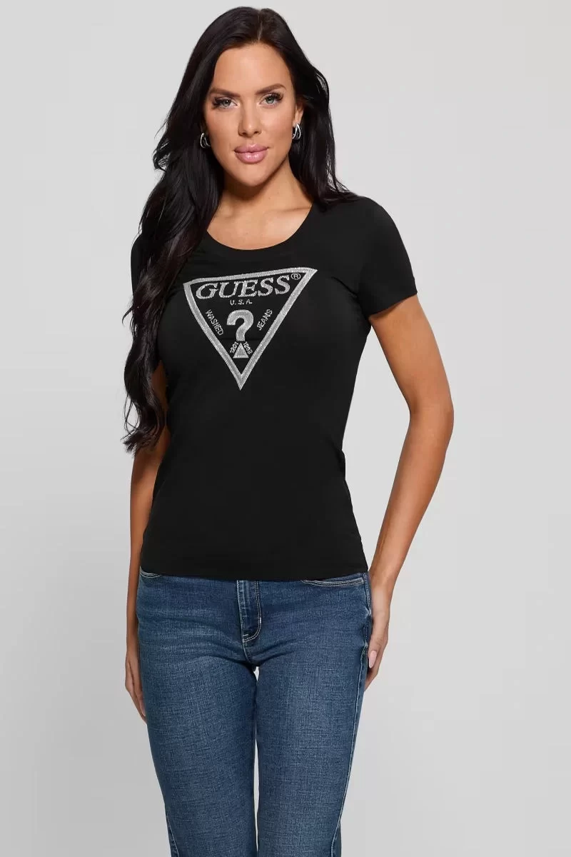 Guess Ss Cn Shıny Trıangle Tee Kadın Siyah T-Shirt W5RI11J1314-JBLK