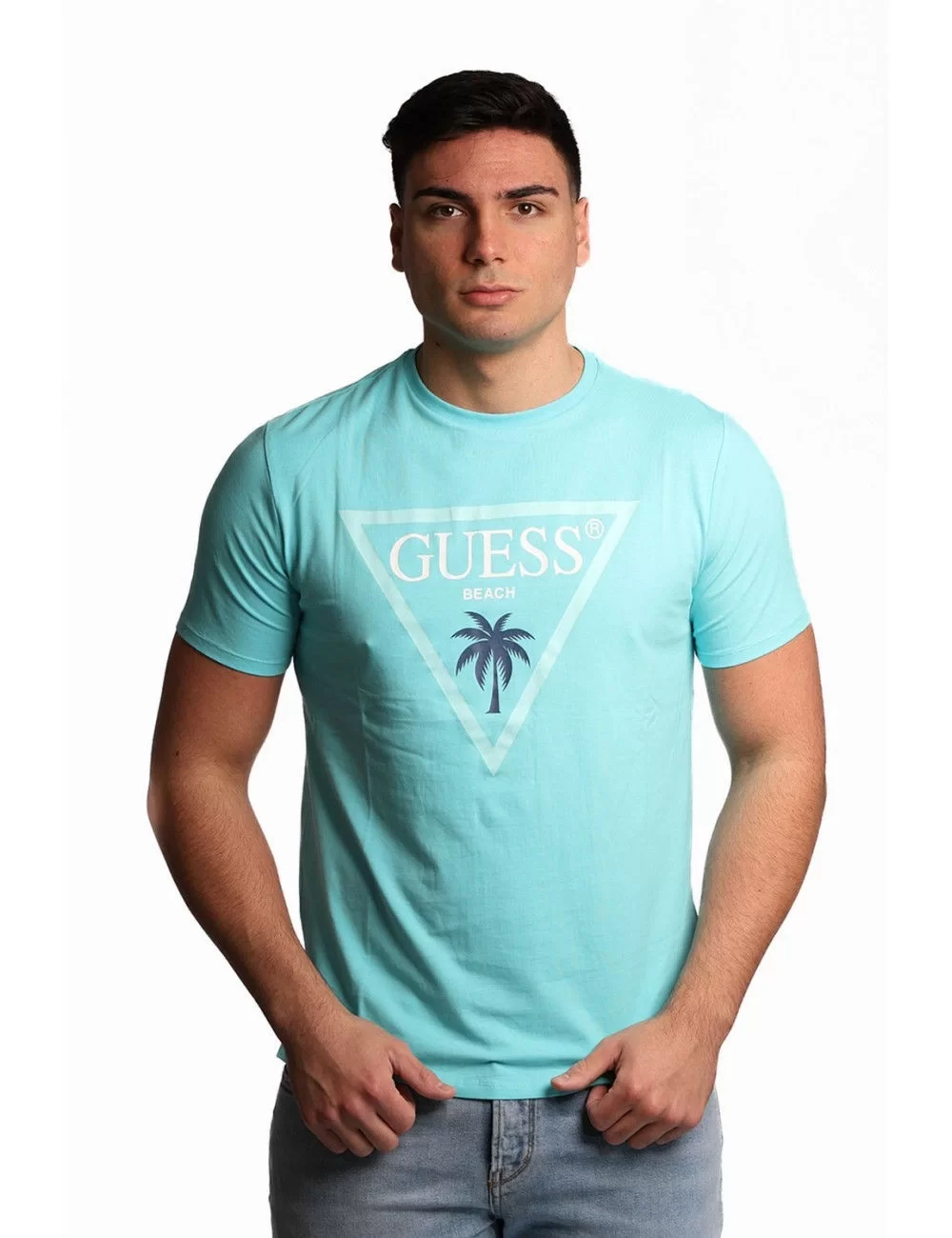 Guess SS CN TRIANGLE PALM TEE Erkek Mavi T-shirt F5GI00J1314-A73B
