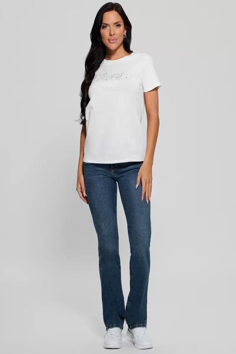 Guess Ss Scrıpt Lace Logo Easy Tee Kadın Beyaz T-Shirt W5RI08K9RM1-G011