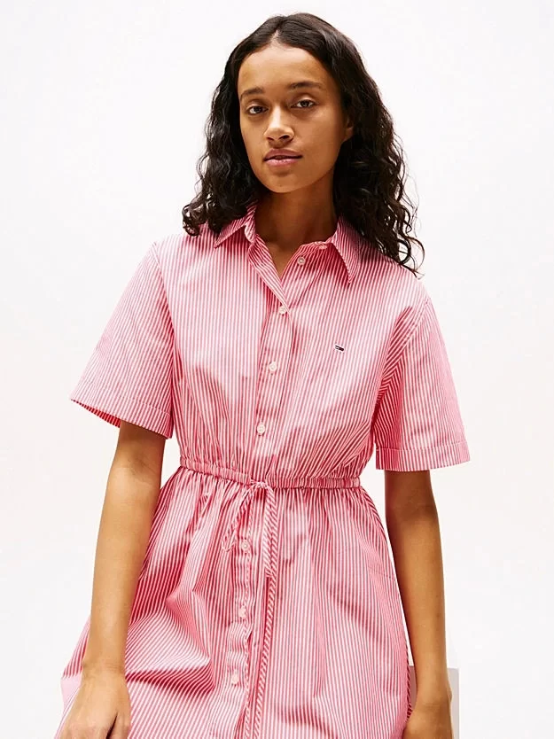 Tommy Jeans Kadın Pembe Beyaz Çizgili Gömlek Elbise