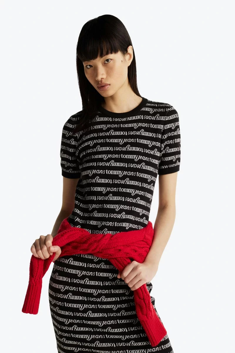Tommy Jeans TJW SCRIPT AOP SWEATER DRESS Kadın siyah Elbise DW0DW194780GM