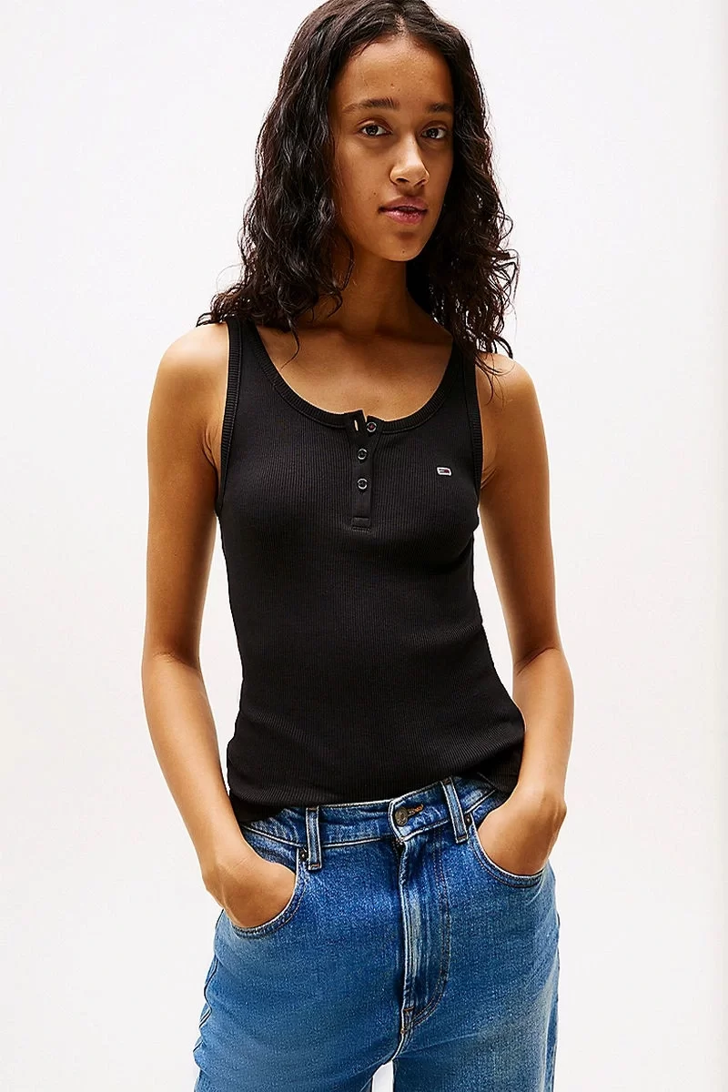Tommy Jeans TJW SLIM BUTTON TANK Kadın siyah Atlet DW0DW19492BDS
