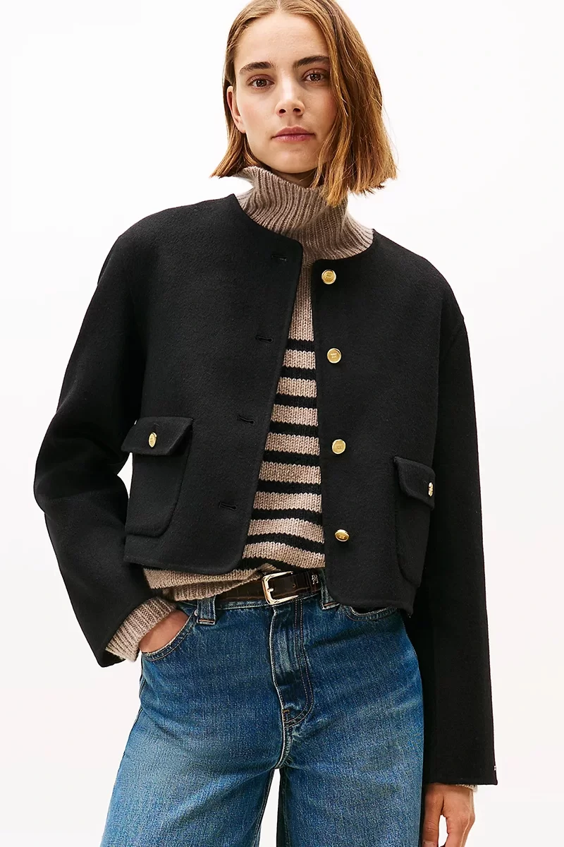 Tommy Hilfiger Çift Taraflı Yün Karışımlı Normal Kesim Kadın Siyah  Ceket WW0WW47446BDS
