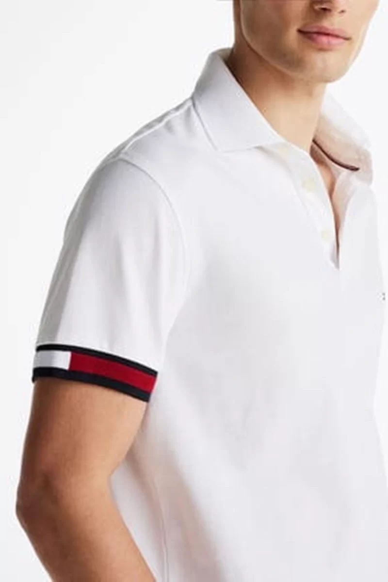 Tommy Hilfiger FLAG CUFF SLIM POLO Erkek Beyaz T-shirt MW0MW37518YBR