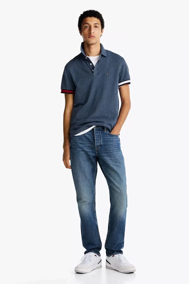 Tommy Hilfiger FLAG CUFF SLIM POLO Erkek mavi T-shirt MW0MW37518DV1
