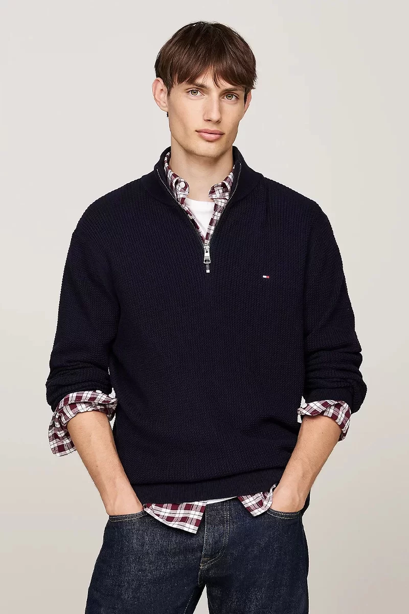 Tommy Hilfiger STRUCTURE ZIP MOCK Erkek Mavi Sweatshirt MW0MW36527DW5