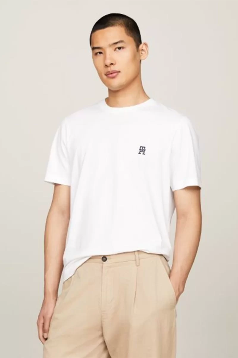 Tommy Hilfiger Erkek Monogram Nakışlı Beyaz T-shirt
