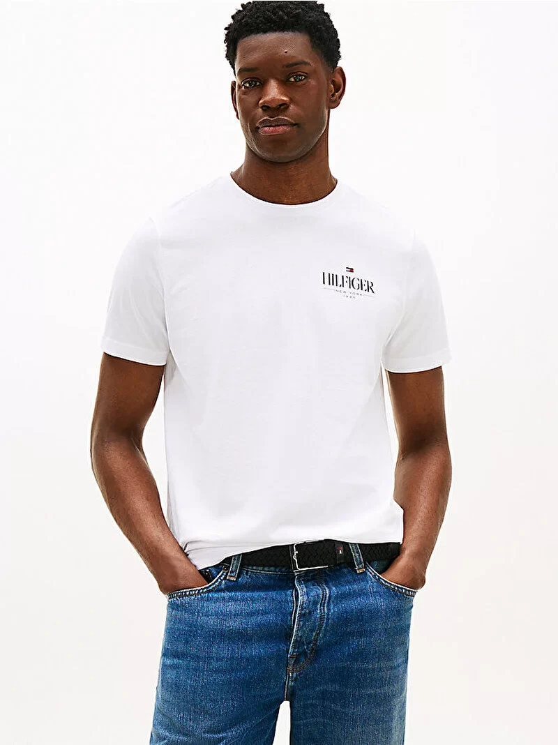 Tommy Hilfiger HILFIGER STACK TEE Erkek Beyaz T-shirt MW0MW39355YBR